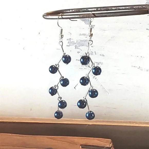 Zig Zag Blue Glass Pearl Geometric Dangle 70mm Long Earrings - Picture 3 of 8
